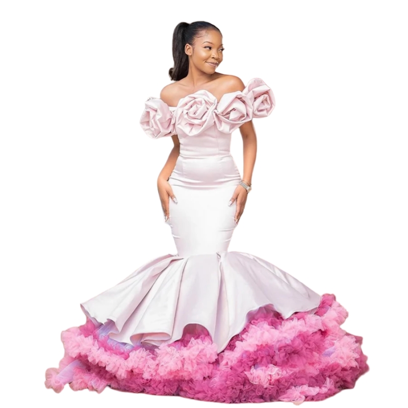 Ruffles Tiererd Mermaid Prom Dresses Floor Length Flowers Off Shoulder Long Elegant Evening Gowns Blush Pink And Fuchsia Special Occasion Dress