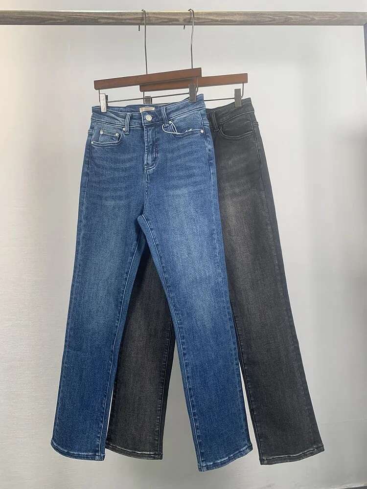 Women's Street Straight Cropped Denim Pants High Waist Slim Stretch Solid Jeans