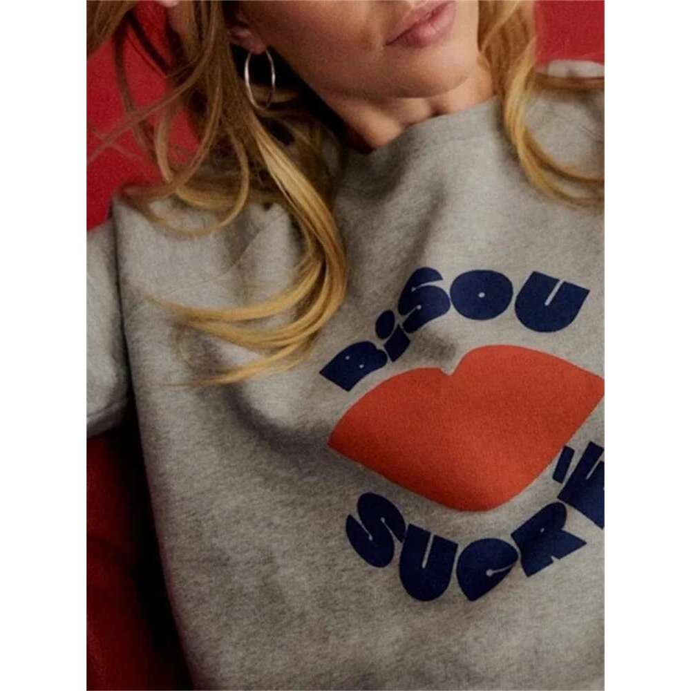 Women's Sweatshirt Alphabet Lip Pattern Print Gray Fashion Long Sleeve Round Neck Lady Casual Top 2025 Spring