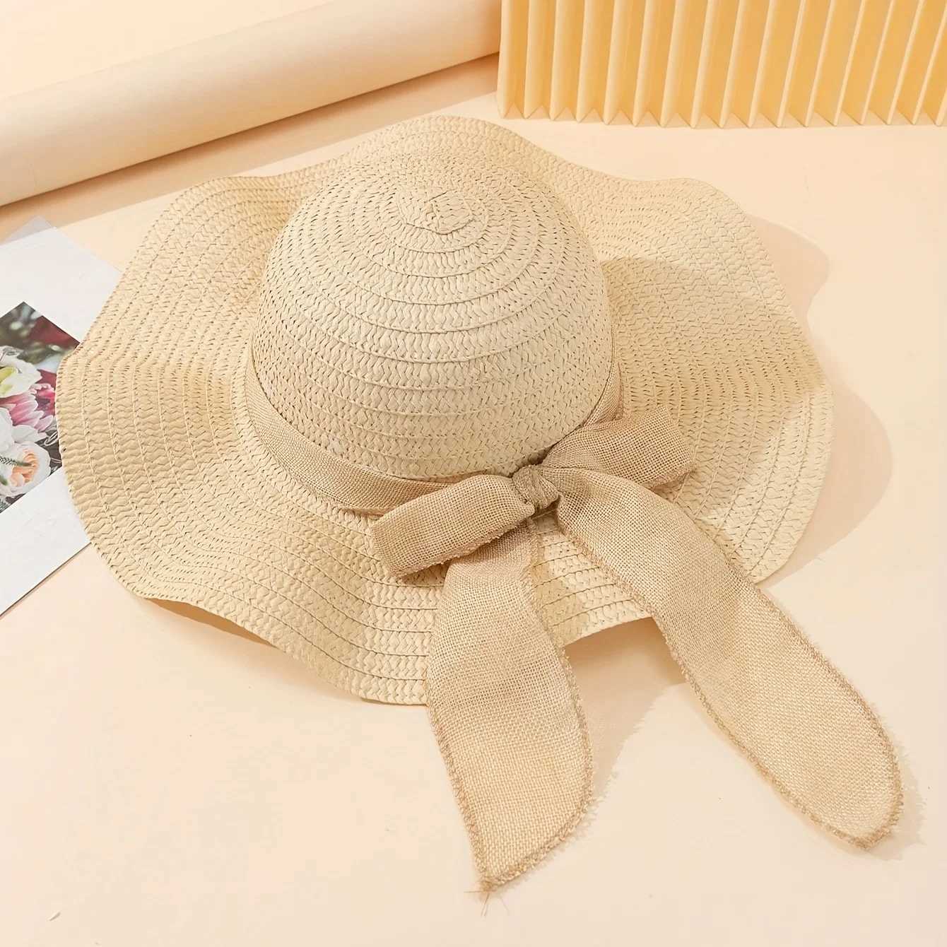 1 piece of womens oversized Brim Str hat womens summer sun hat large Brim sea hat bow beach hat suitable for sun protectionXJ250304