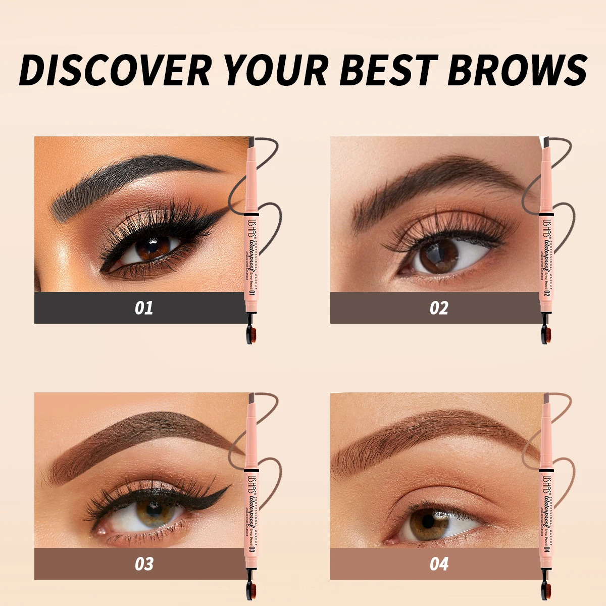 USHAS 4 Color Brow Pencil Long-lasting Waterproof Rotating Double-headed Eyebrow Pencil with Brow Brush 2 In 1 Eyebrow Cosmetics 250222