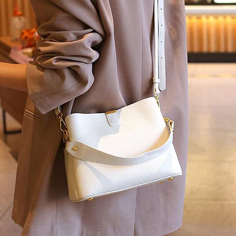 Burminsa Cowhide Genuine Leather Bucket Small Shoulder Crossbody For Women 2025 Designer Wide Strap Tote Ladies Handbags