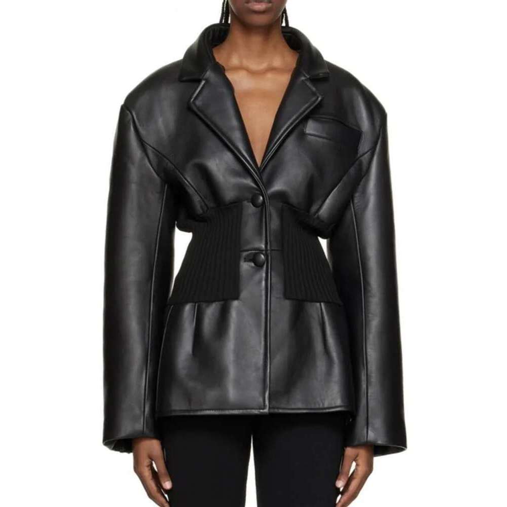 Fashion Women's Blazer Notched Collar PU Patchwork Knitted Super Waist Silhouette Suit Jackets Spring 2025 New 17A2010h