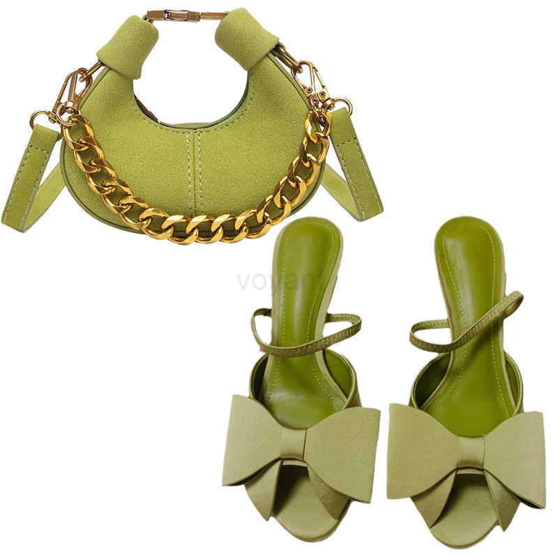 2025 Summer New Wens High Heel Sandals Blue Silk Texture Bow High Heel Sandals Wens sandals Chain Matte Crescent Bag Set Z250304