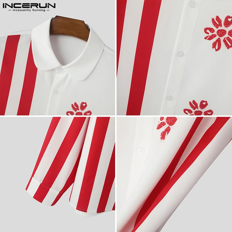 American Fashion Long Sleeve Shirts INCERUN Lapel Collar Floral Printing Stripe Splicing Tops Handsome Commuting Blouses 250227