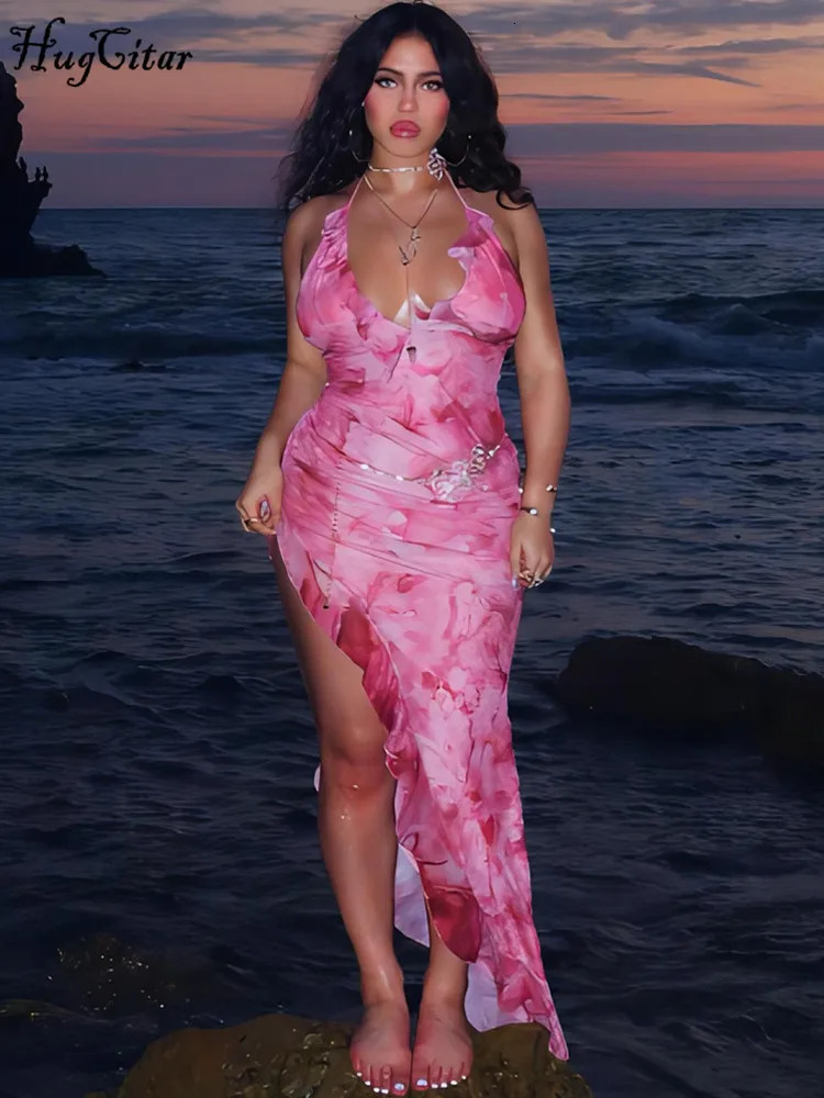 Hugcitar Ruffles Tie Dye Halter Backless Bandage Irregular Sexy Maxi Dress Summer Women Y2K Kawaii Beach Vacation Outfit 250303