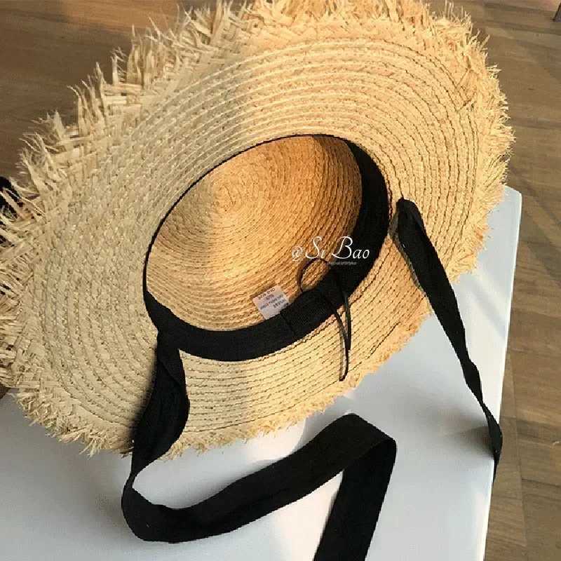 Str Hat Women Wide Brim Sun Protection Beach Hat Black and White Ribbon Bowknot Str C Casual Ladies Flat Top Panama HatXJ250304