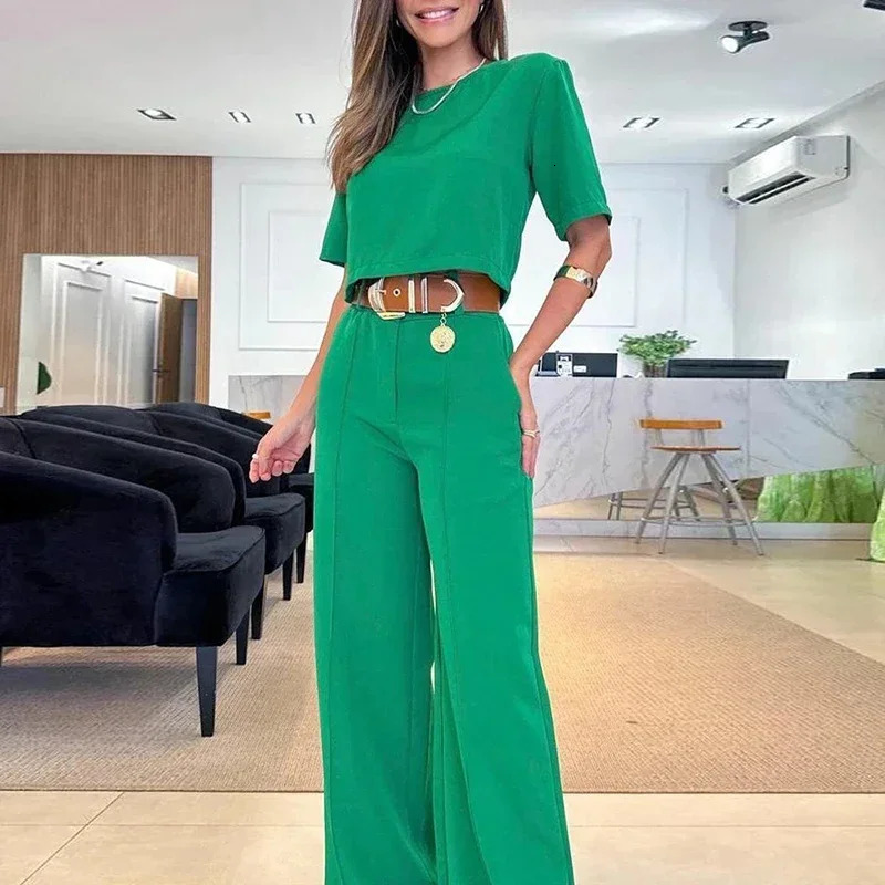 Office Outfits Fashion Solid Color Casual Wideleg Pants Short Sleeves Blouses Suits Elegant Commuting Summer Sets For Women 250225
