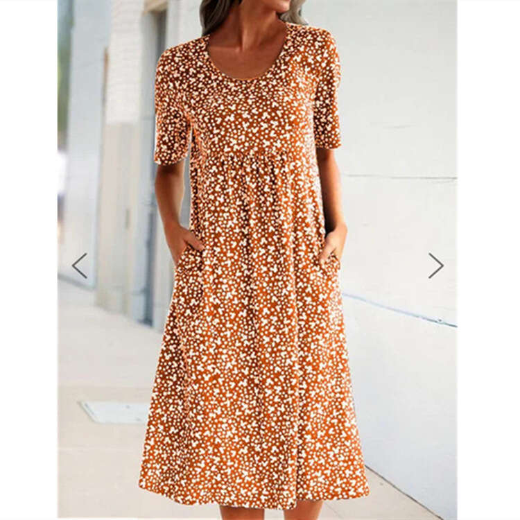 popular European and American French vacation style round neck short sleeved ral mid length dress 2025 new casual fashion trend clothing
