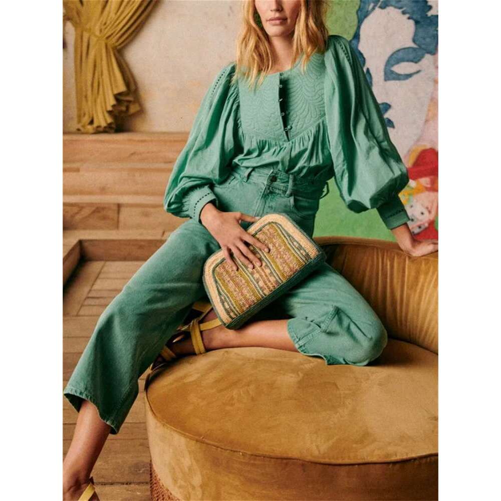 Autum 2025 New Women Lacce Trim Embroidery Hollow Out Blouse O-Neck Lantern Sleeve Ladies Half Buttons Sweet Elegant Shirt Top