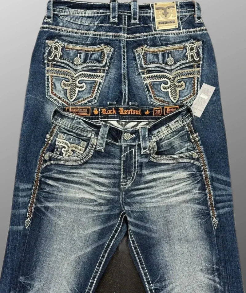 Style Blue Embroidered Cross Pattern Jeans Street Harajuku Casual Hip Hop Men and Women Y2k American Retro Jeans 250226