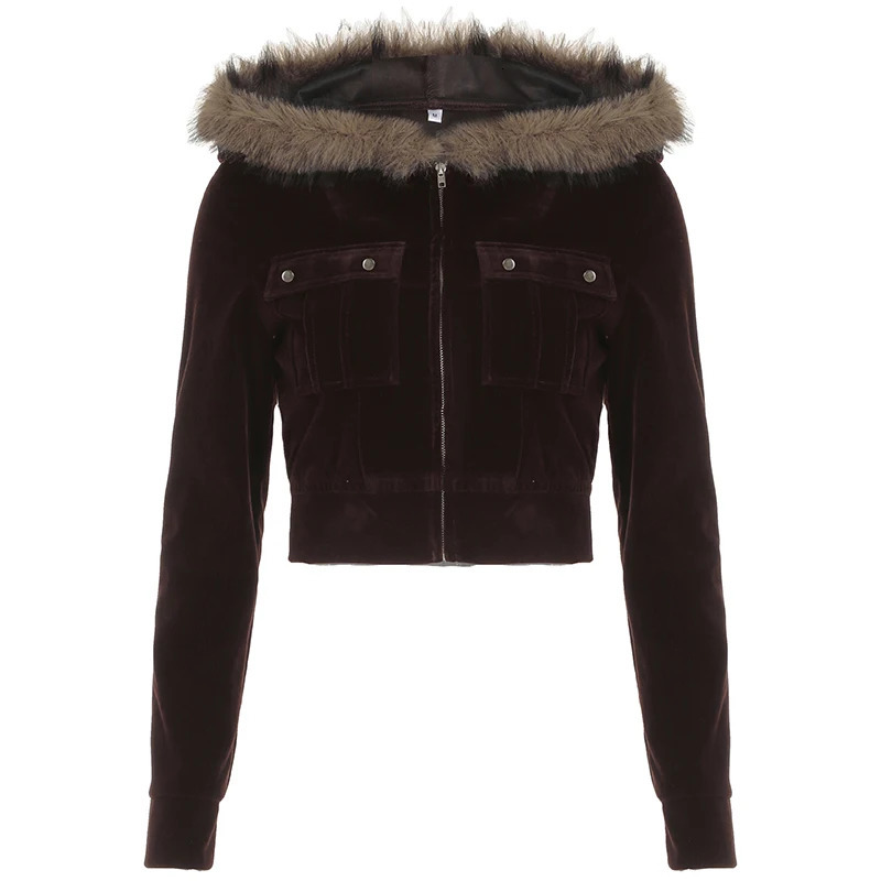 Autumn Fashion Velvet Short sleeved Womens Coat Zipper Artificial Collar Hoodie Simple Full Match Jacket 250226