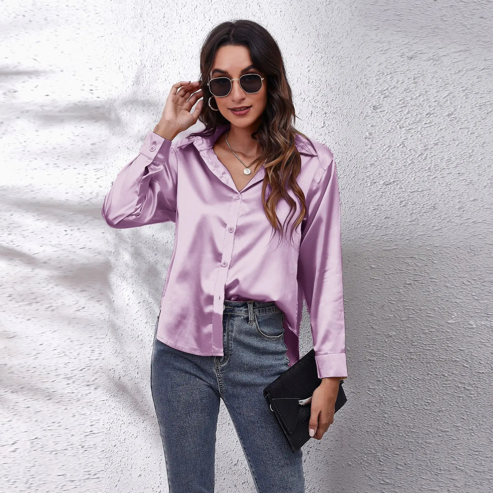 Autumn Women Solid Satin Shirt Long Sleeve Silk Loose Button Up Blouse Shirt Ladies Tops Fashion Clothing 250303