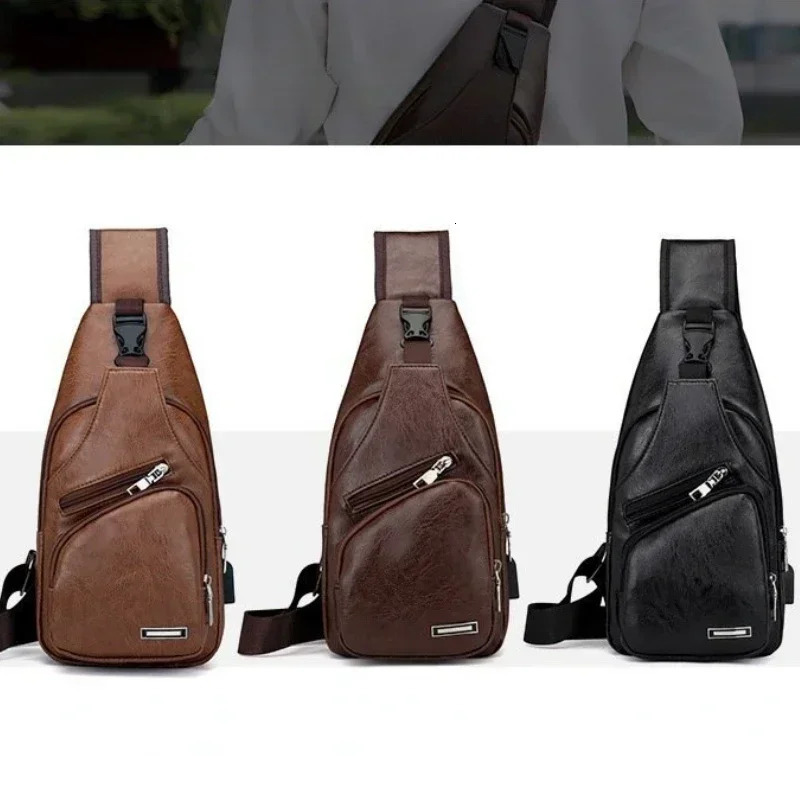Mens Chest Bag Business Messenger USB Charging Fashion PU Leather Waist Outdoor Leisure Sports Shoulder 250227