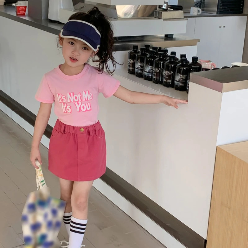 Summer Children Girls Short Sleeved Suit Girls Pink T-shirtSkirt Suits Kids Comfortable Sweet Girls Fashion Casual Clothes Set 250304
