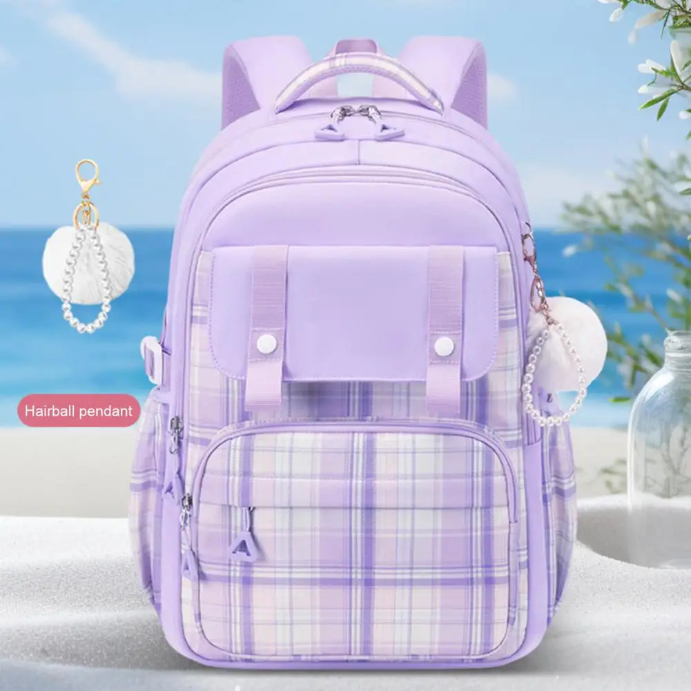 Ship from US Oxford Fabric Backpack Sweet Color Student with Plush Doll Pendant Capacity Multi Compartments School Bag for Pupils 250304FBB