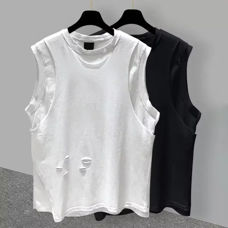 Casual Trendy High Street Sports Shoulder Vest Top Korean Style Mens Summer Tank Top White Short Sleeves 250304