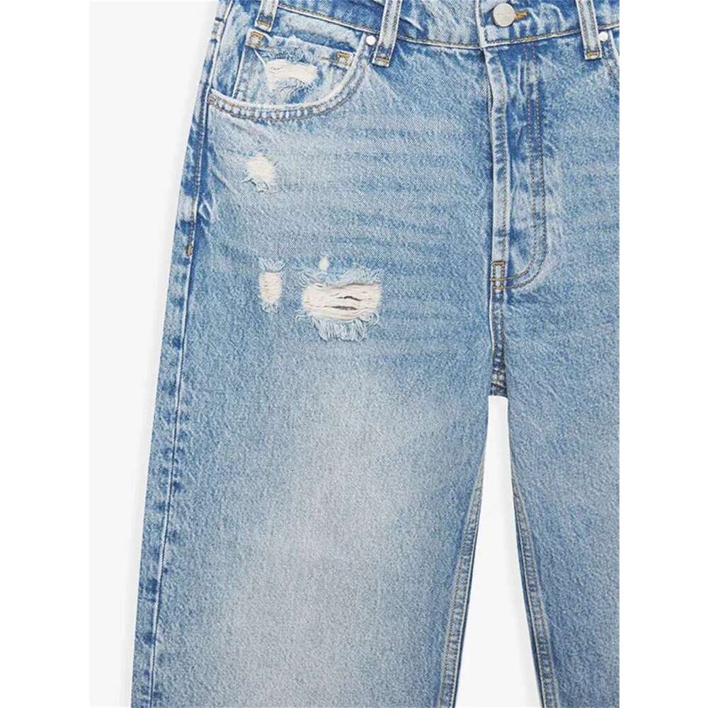 Women's Light Blue Versatile Hole Jeans Spring Summer New Ladies High-Waisted Fringe Straight Denim Pants