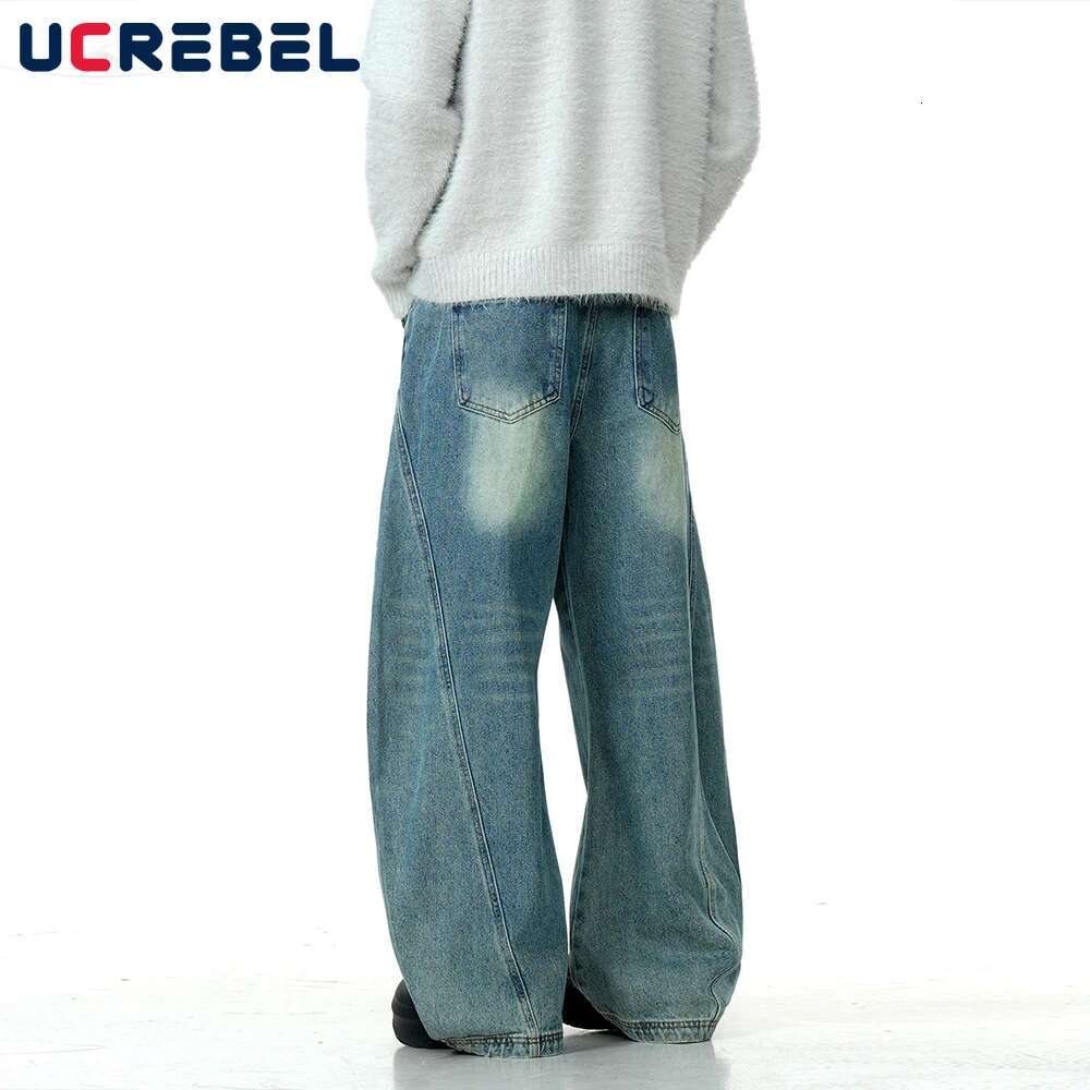 Spliced Washed Distressed Jeans Mens Retro High Street Loose Wide-Leg Denim Pants Men Trousers