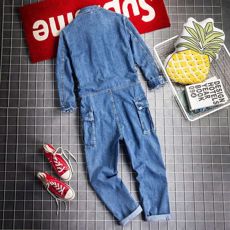 2021 Jeans Overalls Men Denim Jumpsuits Long Sleeve Lapel Multi Pocket Cotton Loose Street Cowboy Pants Blue Black Trousers