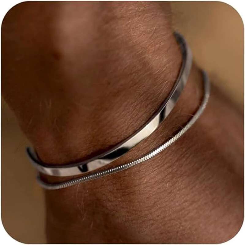 Stackable for Men, Sterg Sier/14K Gold Plated Bracelet Sets Dainty Cuff Bangle Box Cuban k Bracelets
