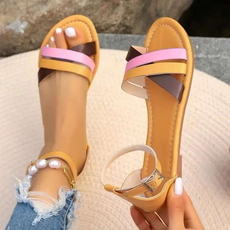 New 2025 Summer Flat Bottom Roman Strap Sandals with Non Slip Rubber Soles Fashion Women's Shoes 36-43