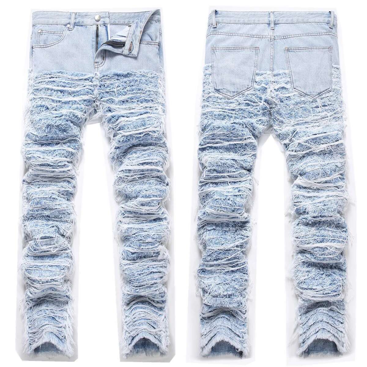 Men's Heavy Industry Fringed Jeans, Street Trendy Stacked Loose Pants Embroidered Cut Hair Denim Trousers