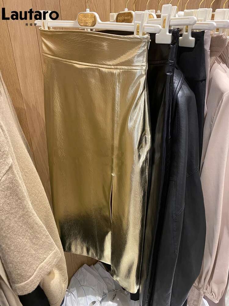 Lautaro Spring Autumn Shiny Black Sier Golden Pu Leather Skirt Women Front Slit High Waist Long Designer Clothes 2023