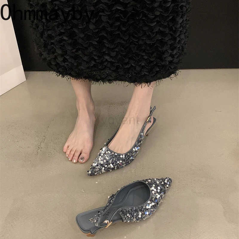 2025 New Summer Sequin Wen Sandals Fi Pointed Toe Slip Shoes Elegant Party Low Heel Shoes Z250304