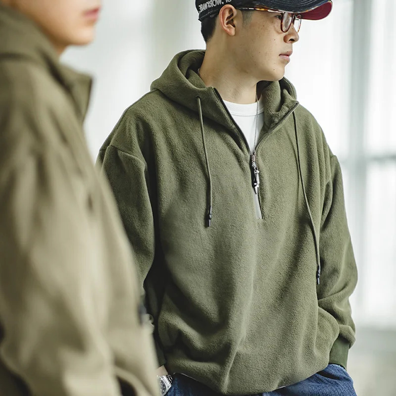 Maden doublesided polar wool sweatshirt mens thick hooded autumn and winter solid color direct matching jacket 250304