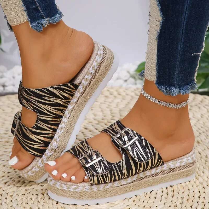 Women's Slippers Sandals Summer Thick Soled Large Size Women Belt Buckle Open Toe Twine Braided Bottom Fashion Flip-ps Shoes