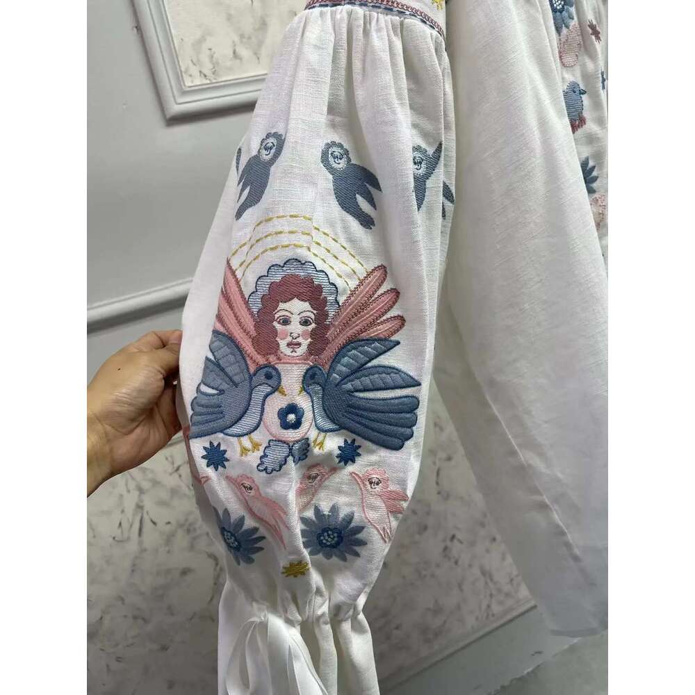 Women 100% En Casual Blouse Early Autumn Single Breasted Lace-Up O-Neck Lantern Sleeve Ladies Embroidery White Shirt Top