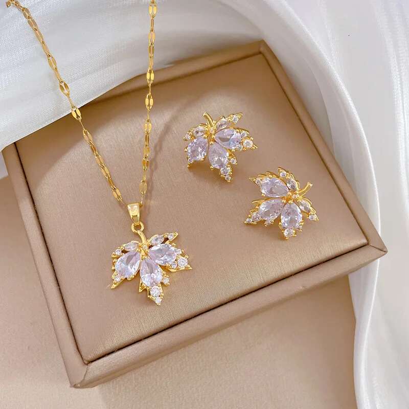 Yupsk Elegant AAA Zirconia Maple Leaf Pendant for Women Fashion Stainless Steel Chain Earring Necklace Jewelry Gift