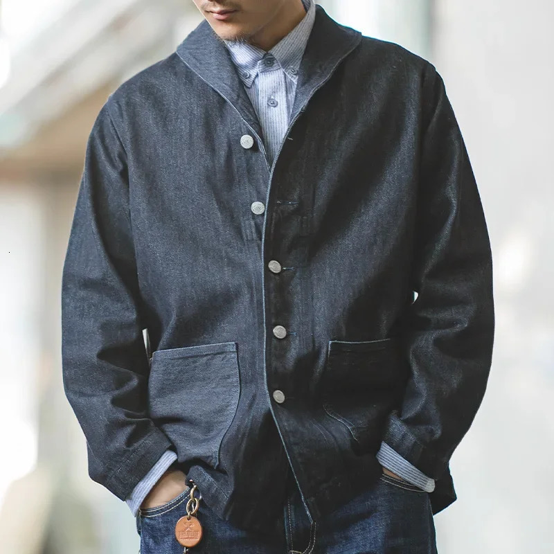 Maden collar denim jacket 13.5 oz multi pocket jacket mens retro deck workwear denim shirt mens high-quality fashionable clothing 250228