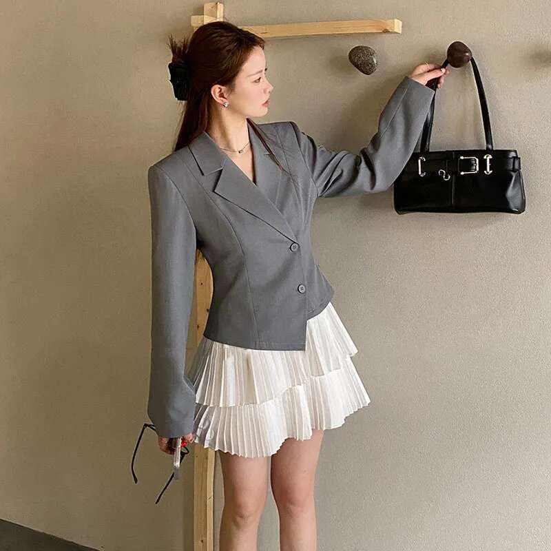 Fashion Fake 2 Piece Blazer Dress Women's Lapel Slim Double Breasted Long Sleeves Pleated Patchwotk Mini Dresses New
