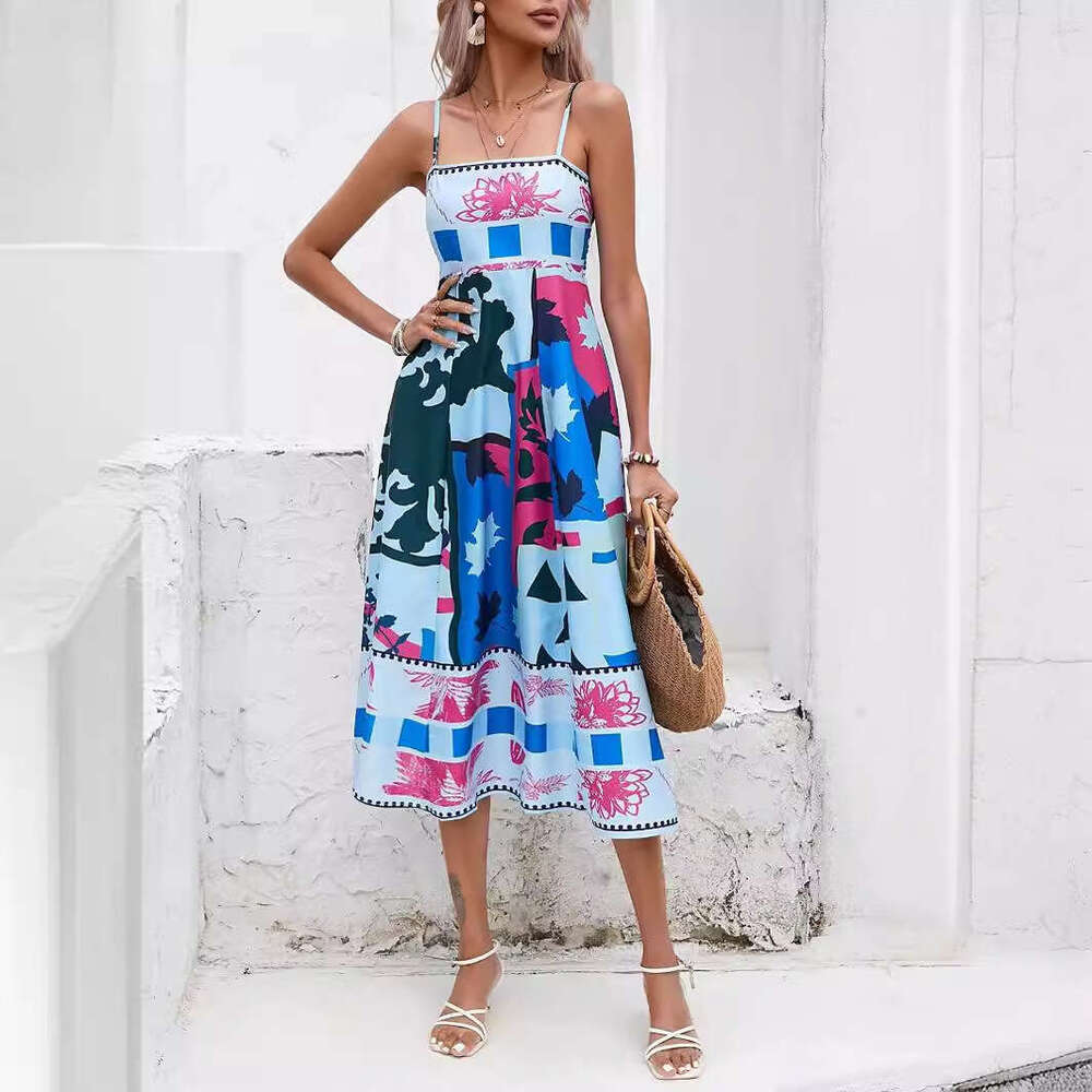 Summer Women's Sexy Positioning Printed Strap Sleeveless Swing Dress 2025 New Style Elegant Clothing