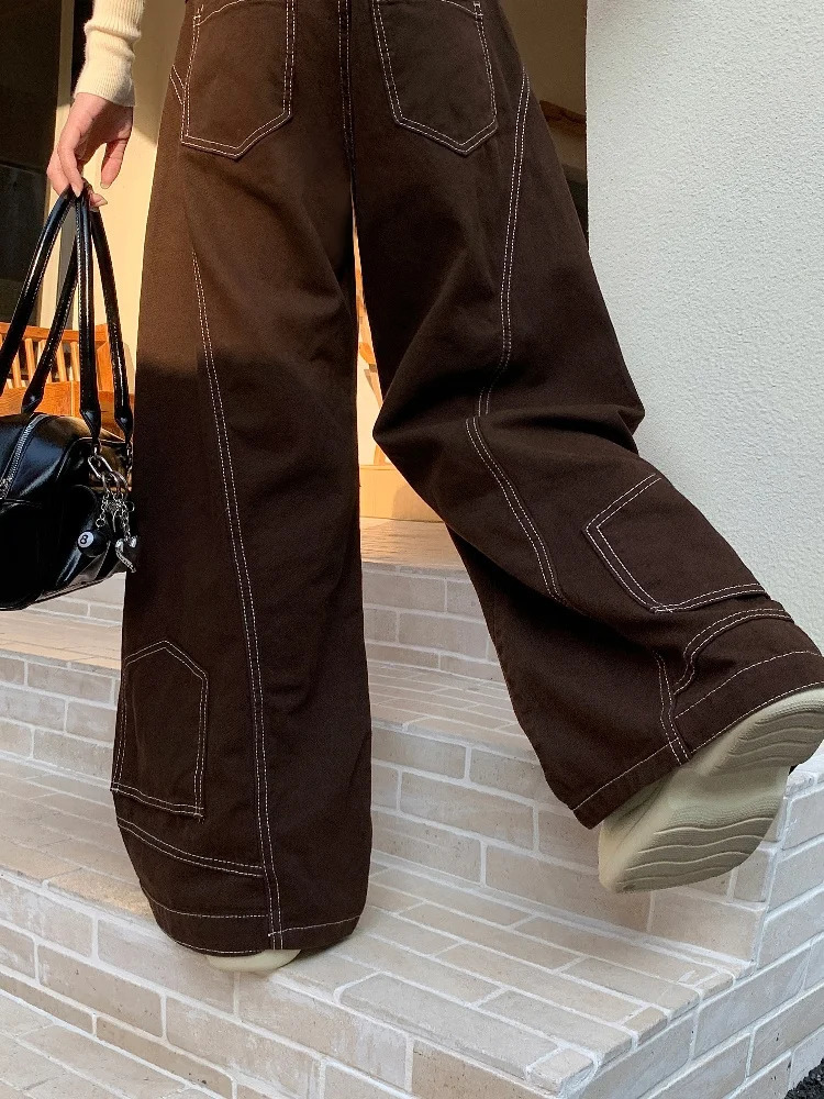 2024 Hosen Y2K Fashion Vintage Brown Baggy Jeans Pants For Women Clothes Wide Leg Lady Long Trousers Clothing 250227