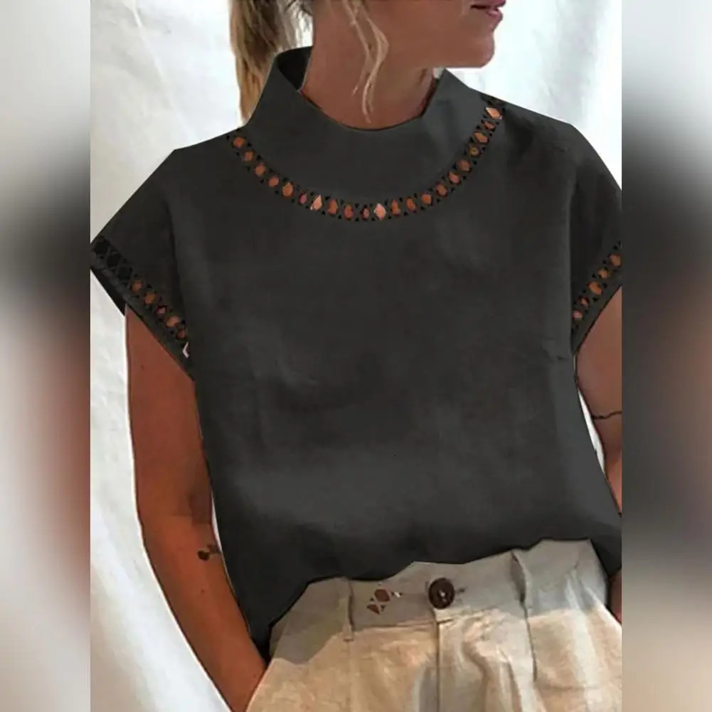 Women Casual O Neck Cotton Linen Blouses Spring Hollow Out Splicing Office Top Summer Short Sleeve Loose Vintage Clothing Shirts 250226