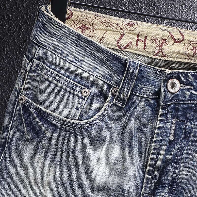 Newly Designer Fashion Retro Gray Blue Elastic Slim Fit Ripped Jeans Men Casual Trousers Vintage Denim Pants Hombre