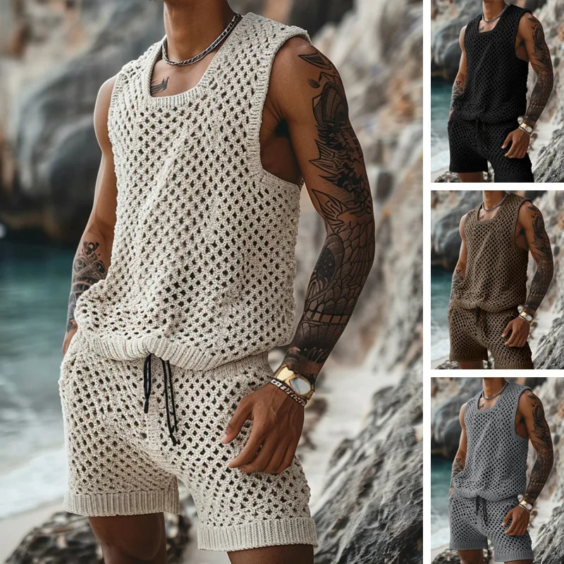 2025 Fashion SpringSummer Leisure Vertical Stripe Set Turndown Collar Fitted Short Sleeve Button Shirt Wool Blend Shorts 250227