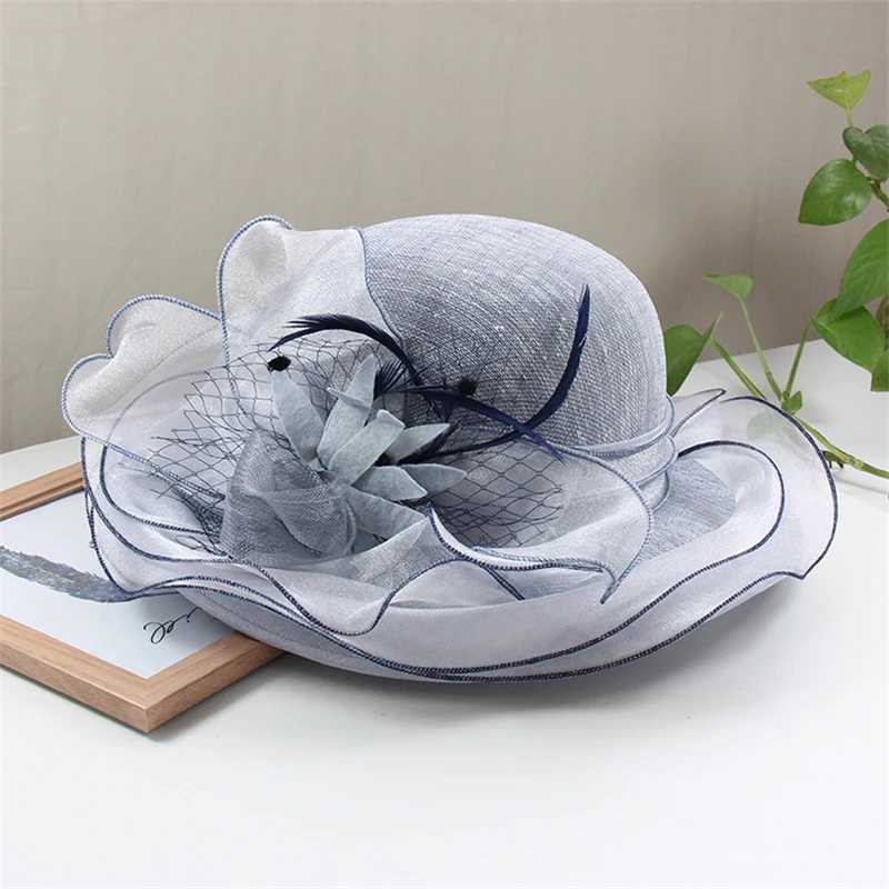 Elegant Big Brim Sinamay Chiffon Organza Flower Lace Sun Hat La Wedding Party Kentucky Dey Church Bucket HatXJ250304
