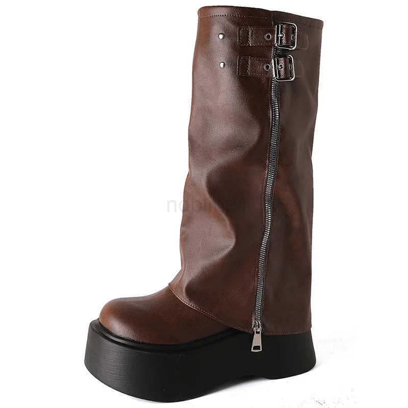 Autumn Winter Chunky Wen Knight High Boots Fion Platform Flats Trouser Long Booties Fem Wern Cowboy Shoes Z250304