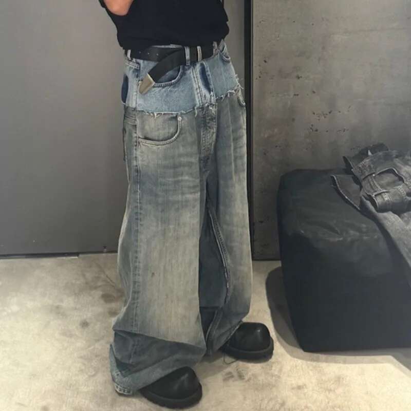 HKSH Spring Autumn New Men's Tide Punk Ripped Denim Pants Women's Spliced Double Layer Waist Baggy Jeans Streetwear Chic Hk3747