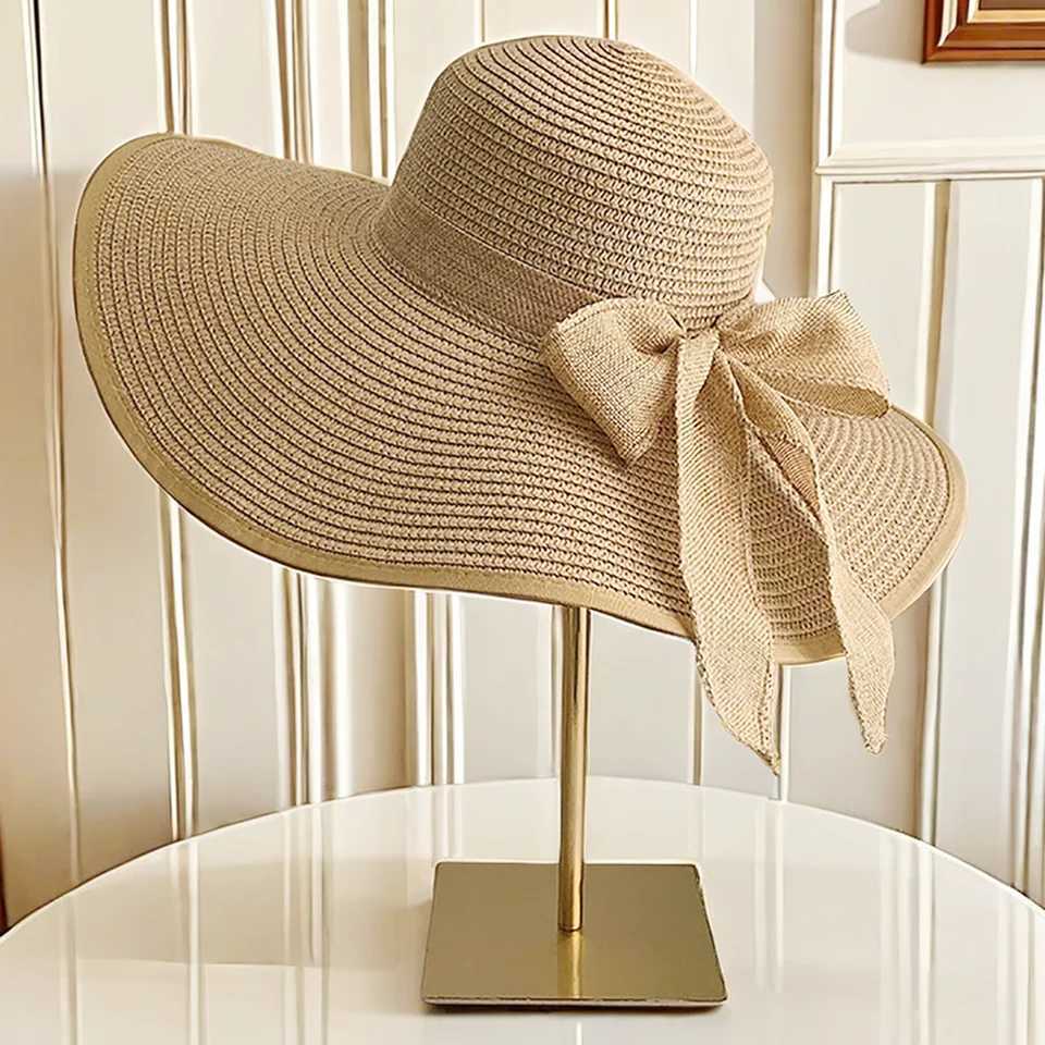 Summer Beach Vacation Big Hat Brim Beach Sunscreen Hat For Women Fashionable and Versatile Bow Ribbon Str HatXJ250304
