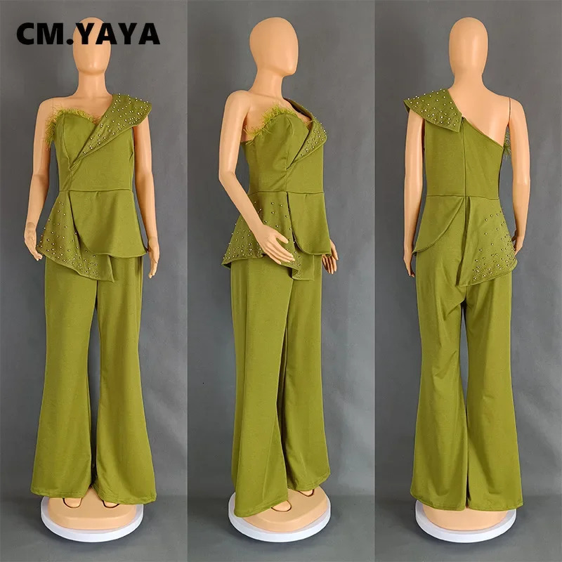 CM.YAYA Vintage Pearl Feather Sleeveless Patchwork Women Party Evening Prom Straight Jumpsuits Summer Sexy Playsuit Outfit 250303
