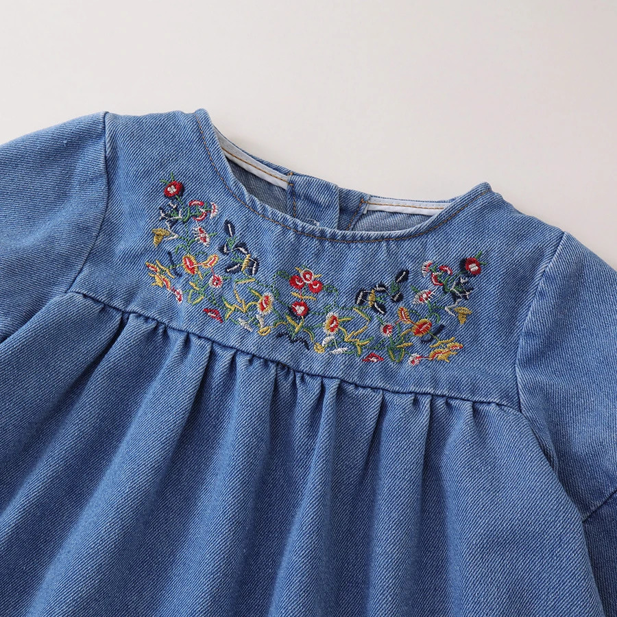 SpringAutumn Childrens Baby Girls Embroidered Denim Clothing Full Sleeve Knee length Dress for Preschoolers 250303