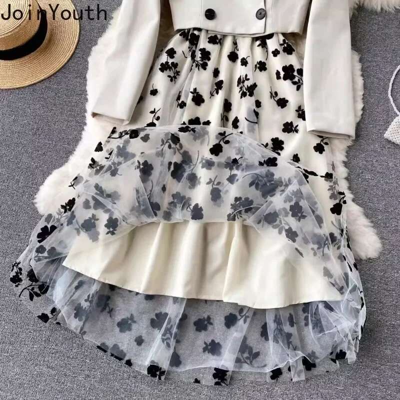 Temperament Women's Clothing 2 Piece Sets Double Breasted Crop Jacket Gauze Ral Tunic Dresses Outfits Fashion Korean Suit