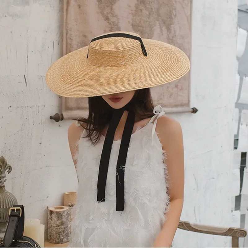 Summer New Big Natural Wheat Str Hats Womens Big Brim Flat Top Visor Sun Hats Fashion Handmade Ribbon Lace-Up Beach HatXJ250304