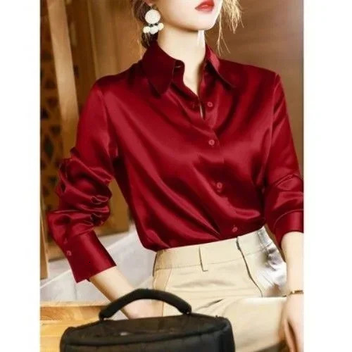 Quality Women Shirt Elegant Office Button Up Long Sleeve Shirts Momi Silk Crepe Satin Blouses Business Ladies Top 250303