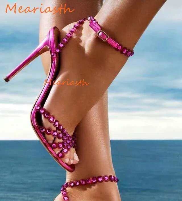 Sexy Peep Toe Rhie PVC Crystal Sandals Women Summer Stilettos High Heels Ankle Strap Dia New Big Size Party Shoes
